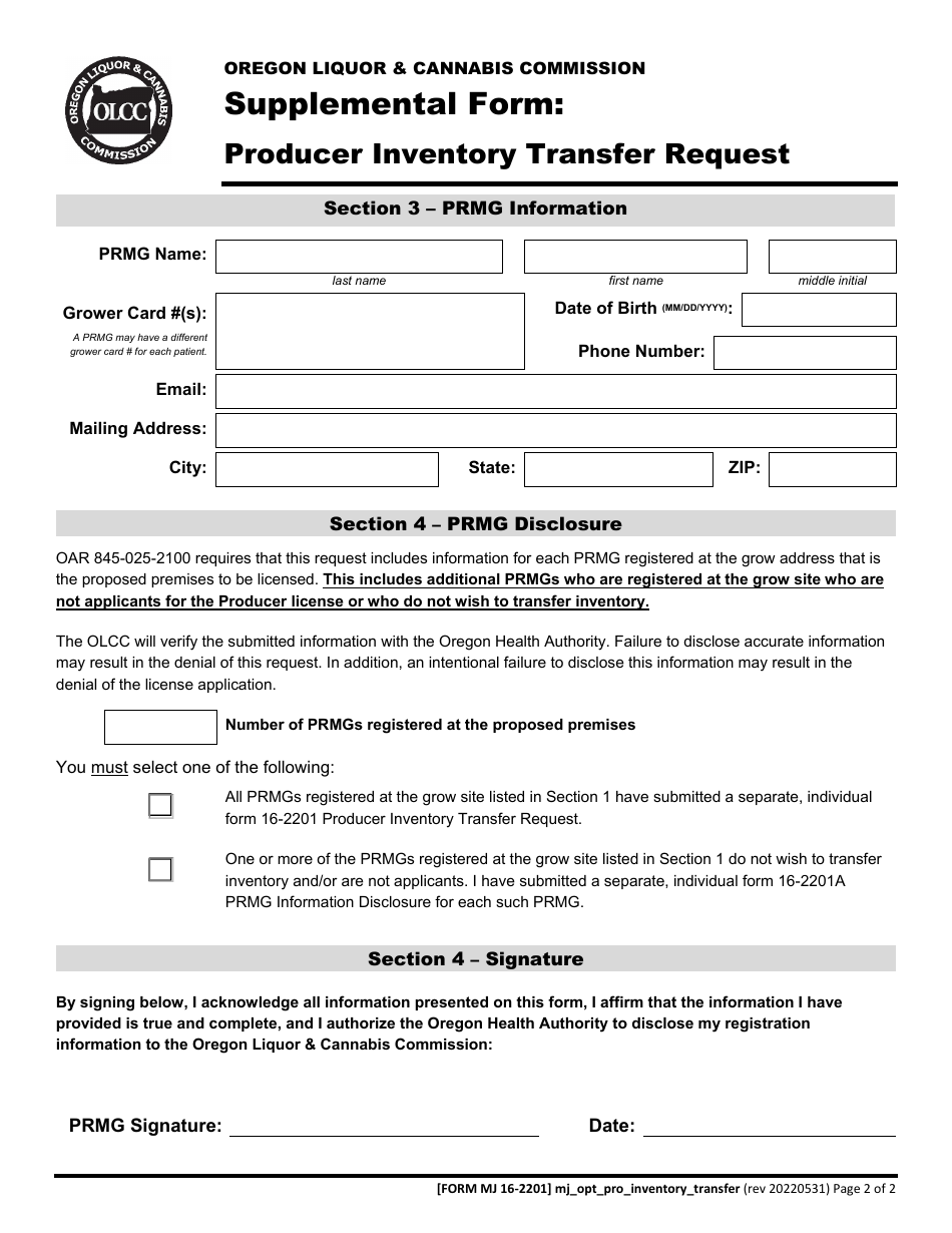 Form MJ16-2201 Supplemental Form - Producer Inventory Transfer Request - Oregon, Page 3