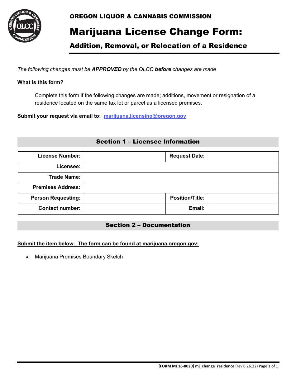 Form MJ16-8020 Marijuana License Change Form - Addition, Removal, or Relocation of a Residence - Oregon, Page 1