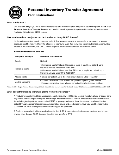 Form MJ16-2202 Personal Inventory Transfer Agreement - Oregon
