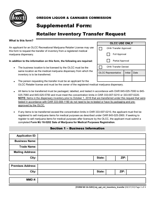 Form MJ16-5201 Supplemental Form: Retailer Inventory Transfer Request - Oregon