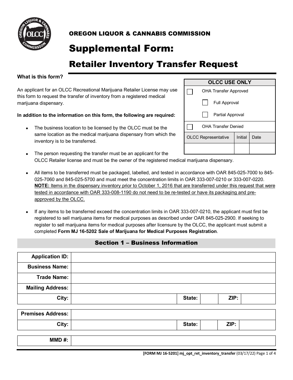 Form MJ16-5201 Supplemental Form: Retailer Inventory Transfer Request - Oregon, Page 1