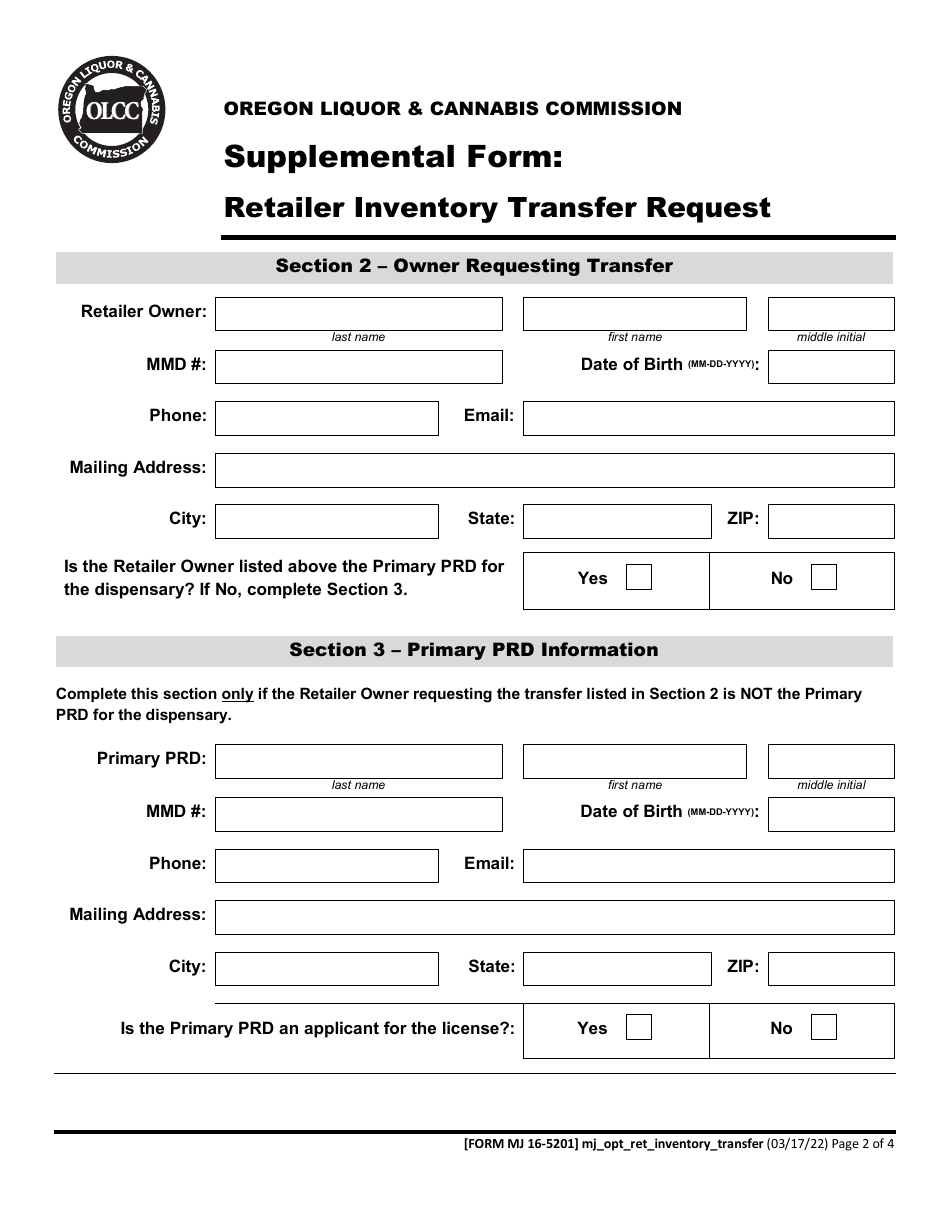 Form MJ16-5201 Supplemental Form: Retailer Inventory Transfer Request - Oregon, Page 2