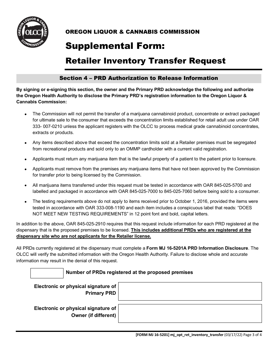 Form MJ16-5201 Supplemental Form: Retailer Inventory Transfer Request - Oregon, Page 3