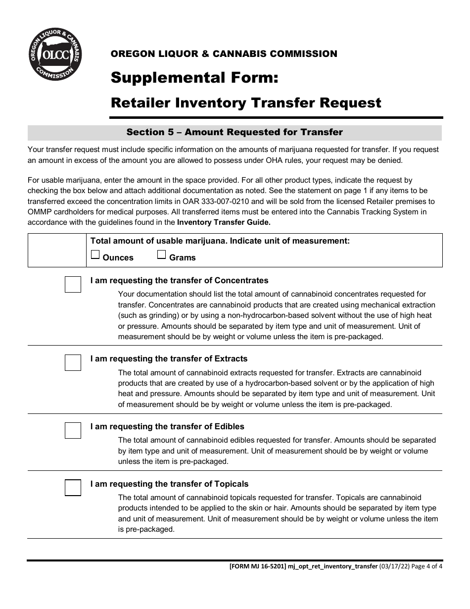 Form MJ16-5201 Supplemental Form: Retailer Inventory Transfer Request - Oregon, Page 4