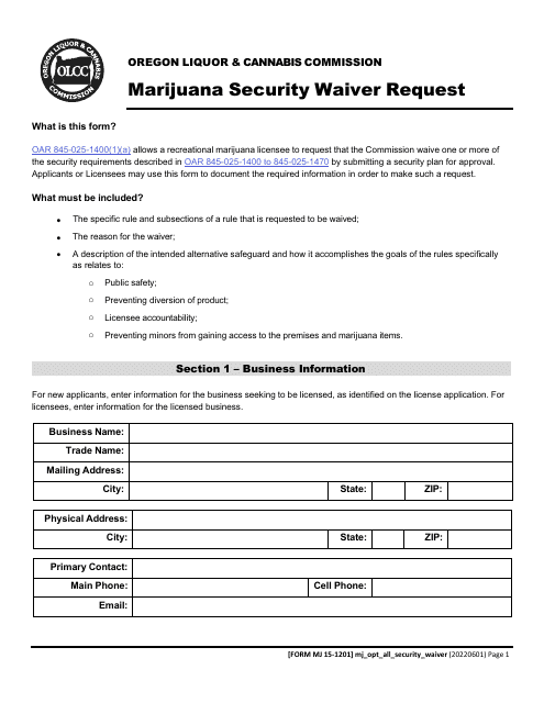 Form MJ15-1201 Marijuana Security Waiver Request - Oregon