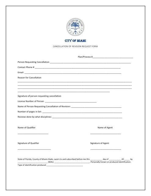 Cancellation of Revision Request Form - City of Miami, Florida Download Pdf
