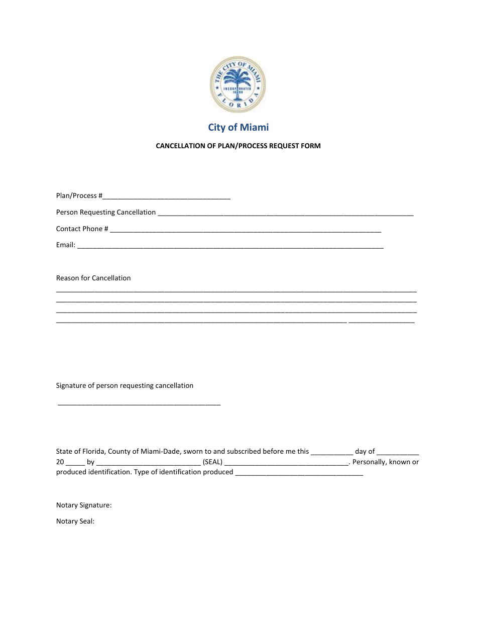 Cancellation of Plan / Process Request Form - City of Miami, Florida, Page 1