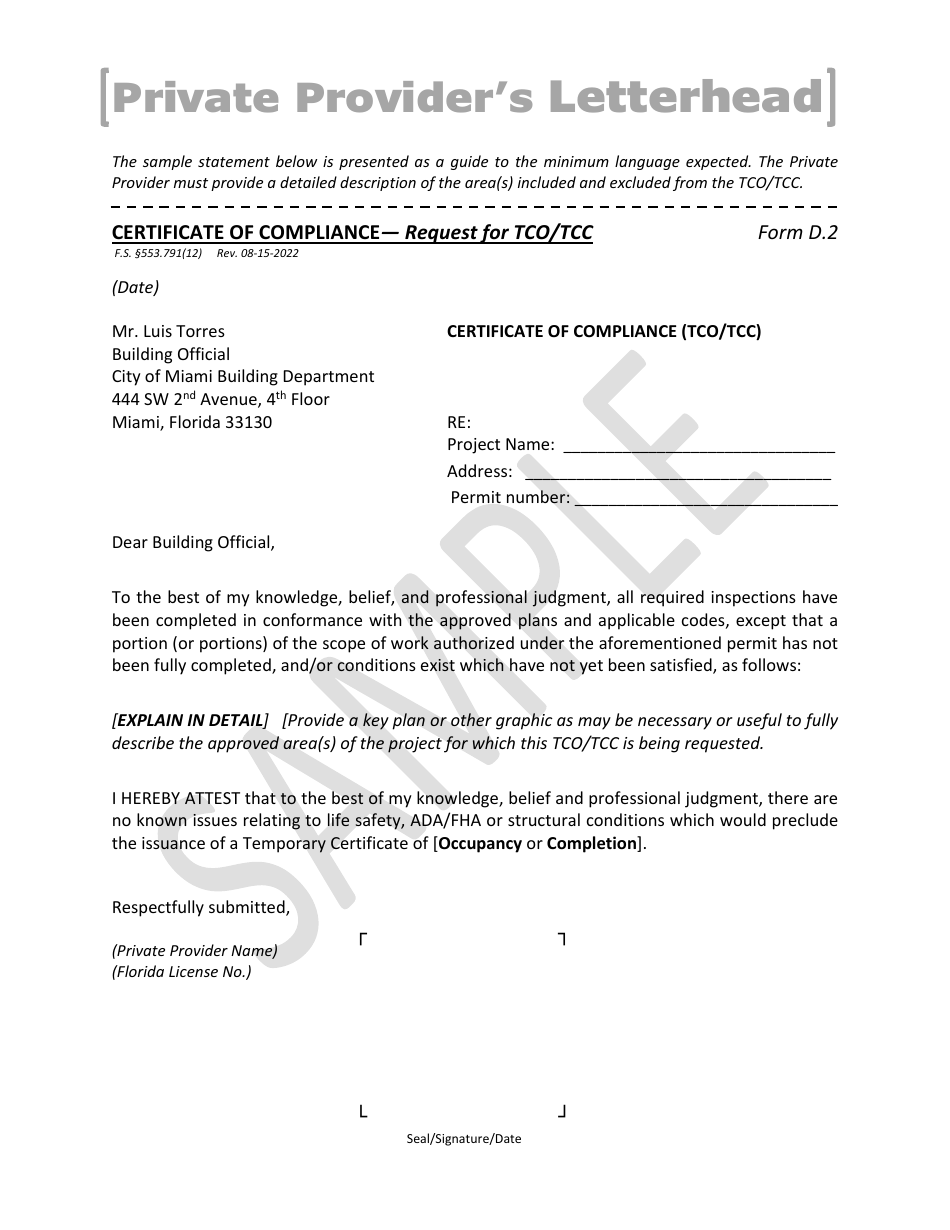Form D.2 Certificate of Compliance - Request for Tco / Tcc - Sample - City of Miami, Florida, Page 1