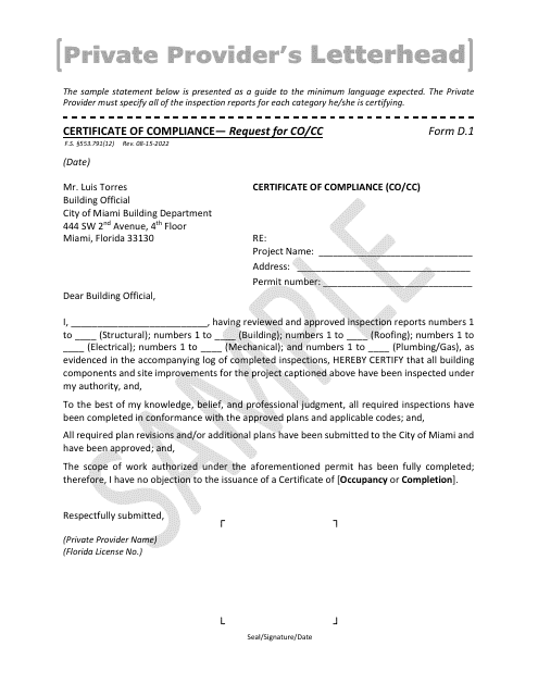 Form D.1 Certificate of Compliance - Request for Co/Cc - Sample - City of Miami, Florida