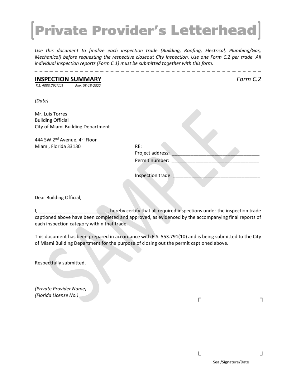 Form C.2 Inspection Summary - Sample - City of Miami, Florida, Page 1
