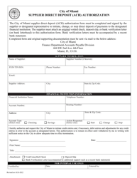 Document preview: Form AUG-2022 Supplier Direct Deposit (ACH) Authorization - City of Miami, Florida