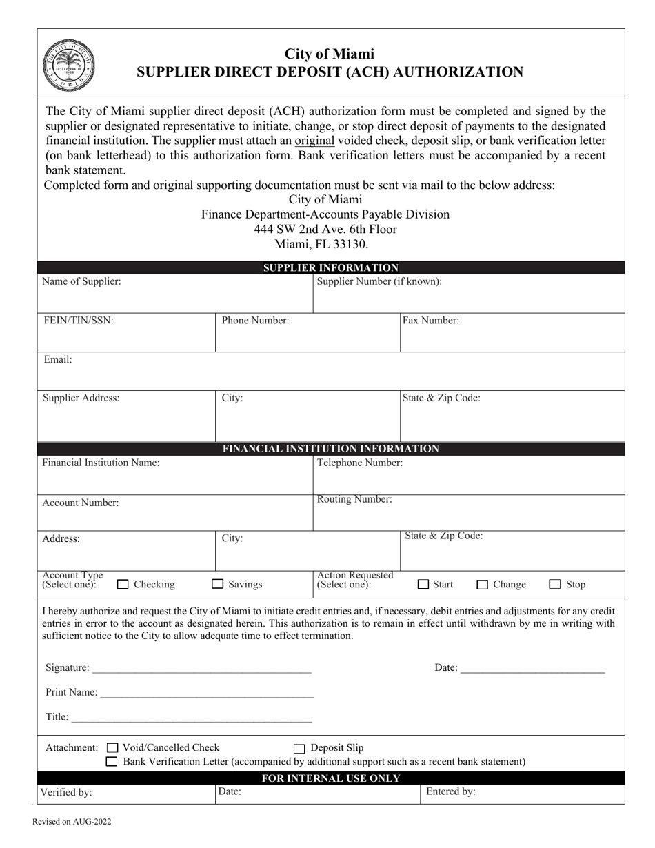 Form AUG-2022 Supplier Direct Deposit (ACH) Authorization - City of Miami, Florida, Page 1