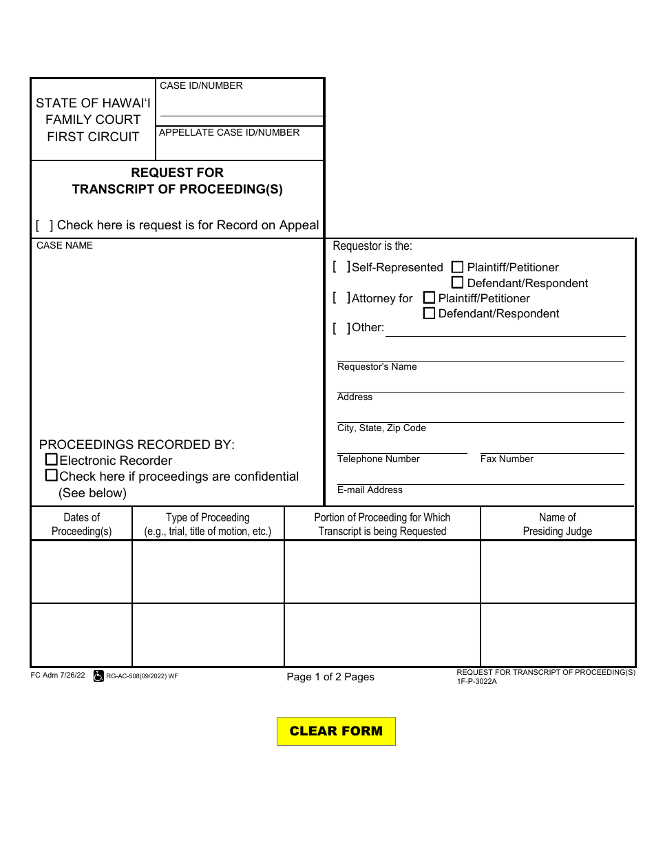 Form 1F-P-3022A Request for Transcript of Proceeding(S) - Hawaii, Page 1