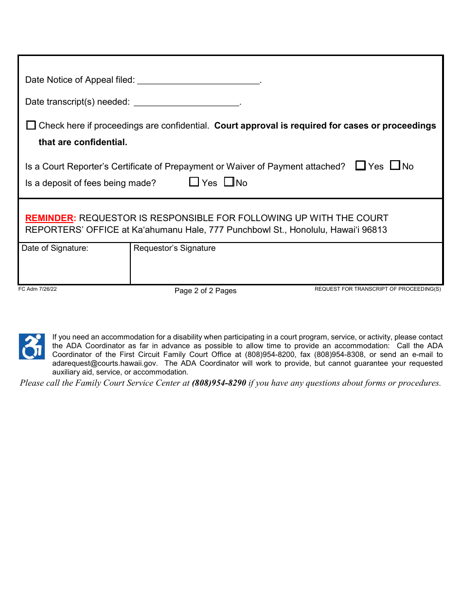 Form 1F-P-3022A Request for Transcript of Proceeding(S) - Hawaii, Page 2