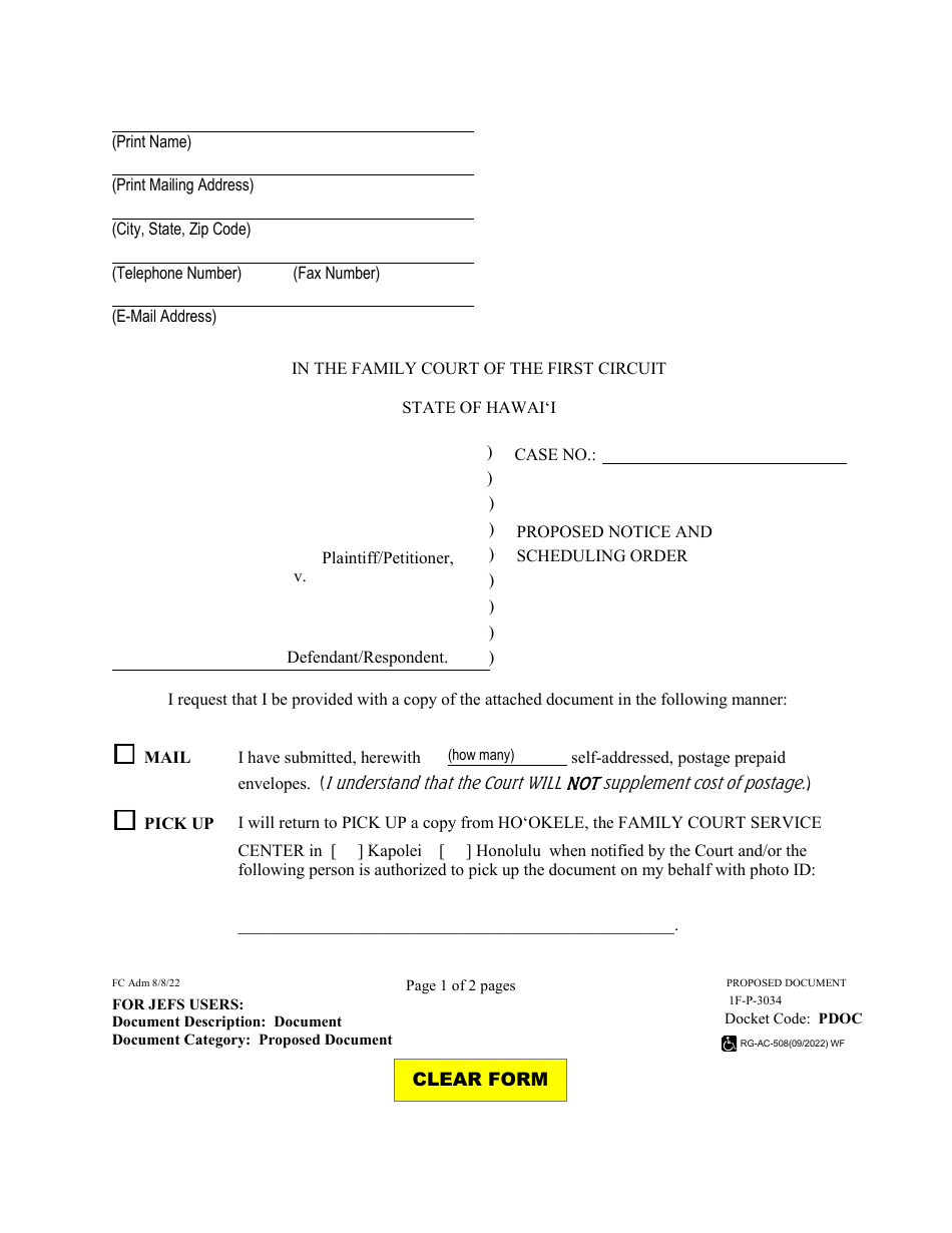 Form 1F-P-3034 Proposed Notice and Scheduling Order - Hawaii, Page 1