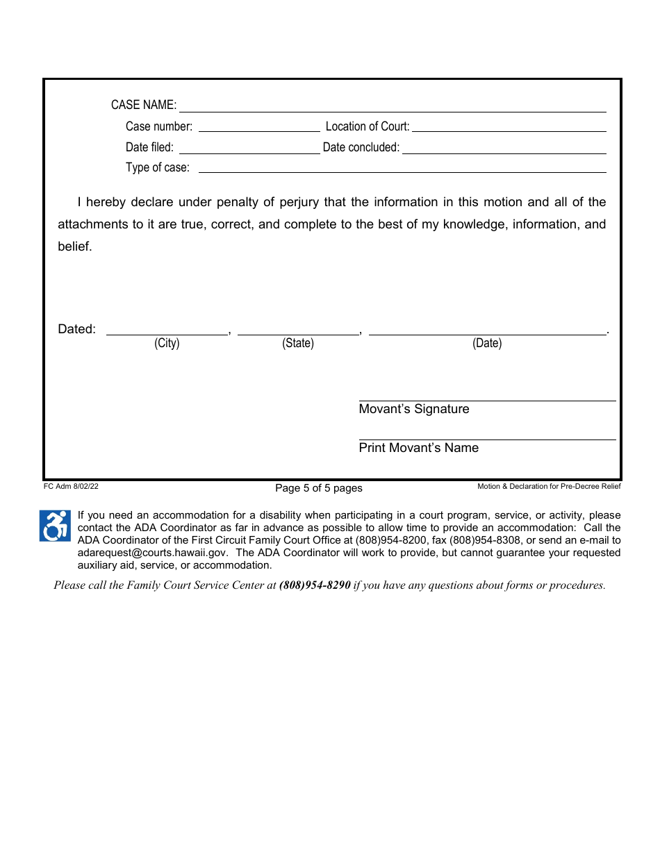 Form 1F-P-816 Motion and Declaration for Pre-decree Relief - Hawaii, Page 5