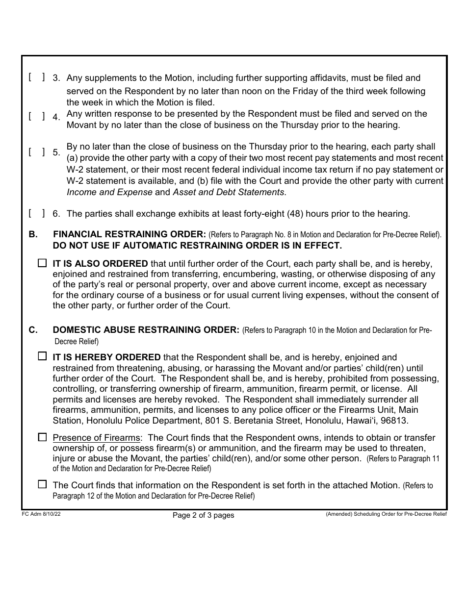 Form 1F-P-986 Proposed / Amended Scheduling Order for Motion and Declaration for Pre-decree Relief - Hawaii, Page 3