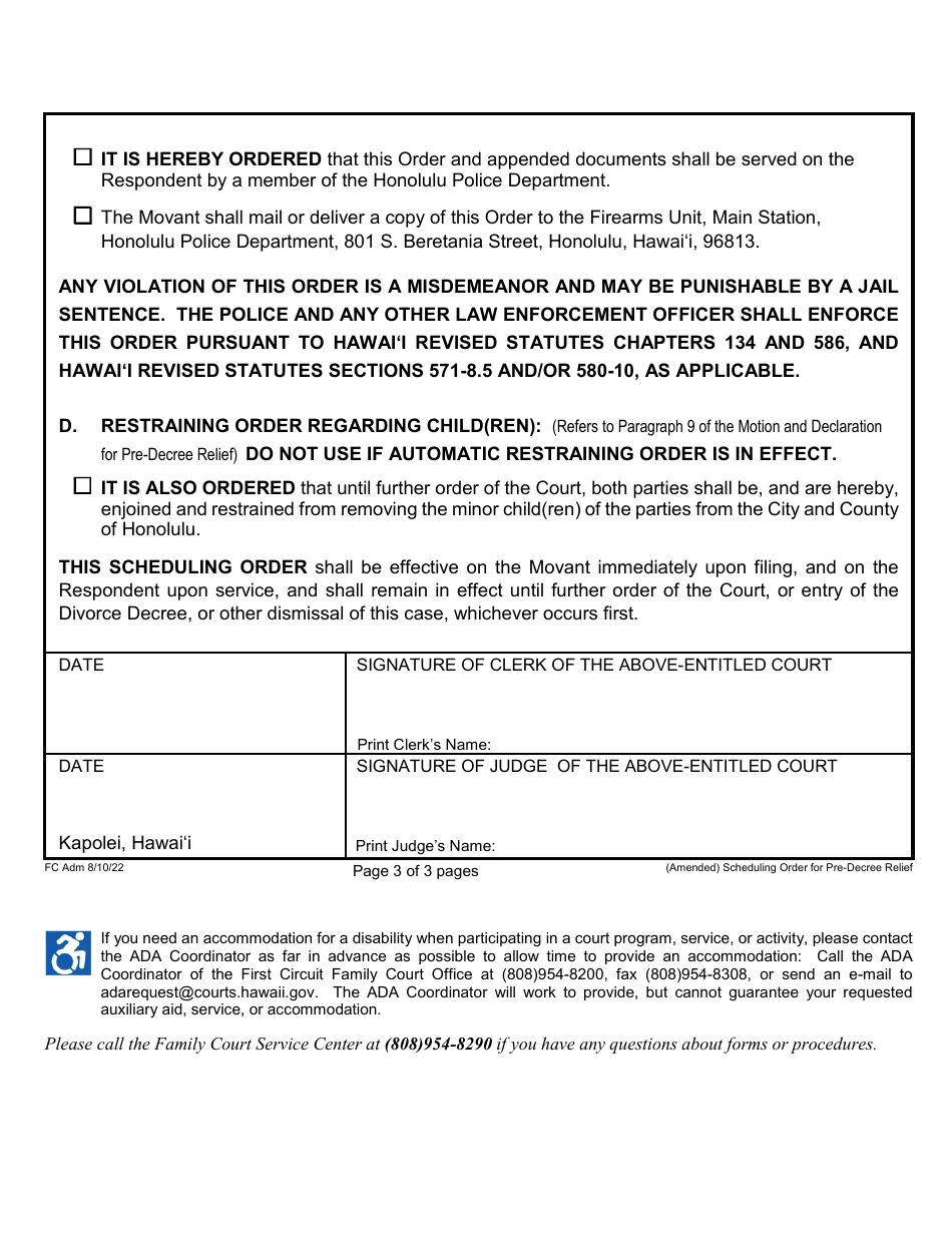 Form 1F-P-986 Proposed / Amended Scheduling Order for Motion and Declaration for Pre-decree Relief - Hawaii, Page 4