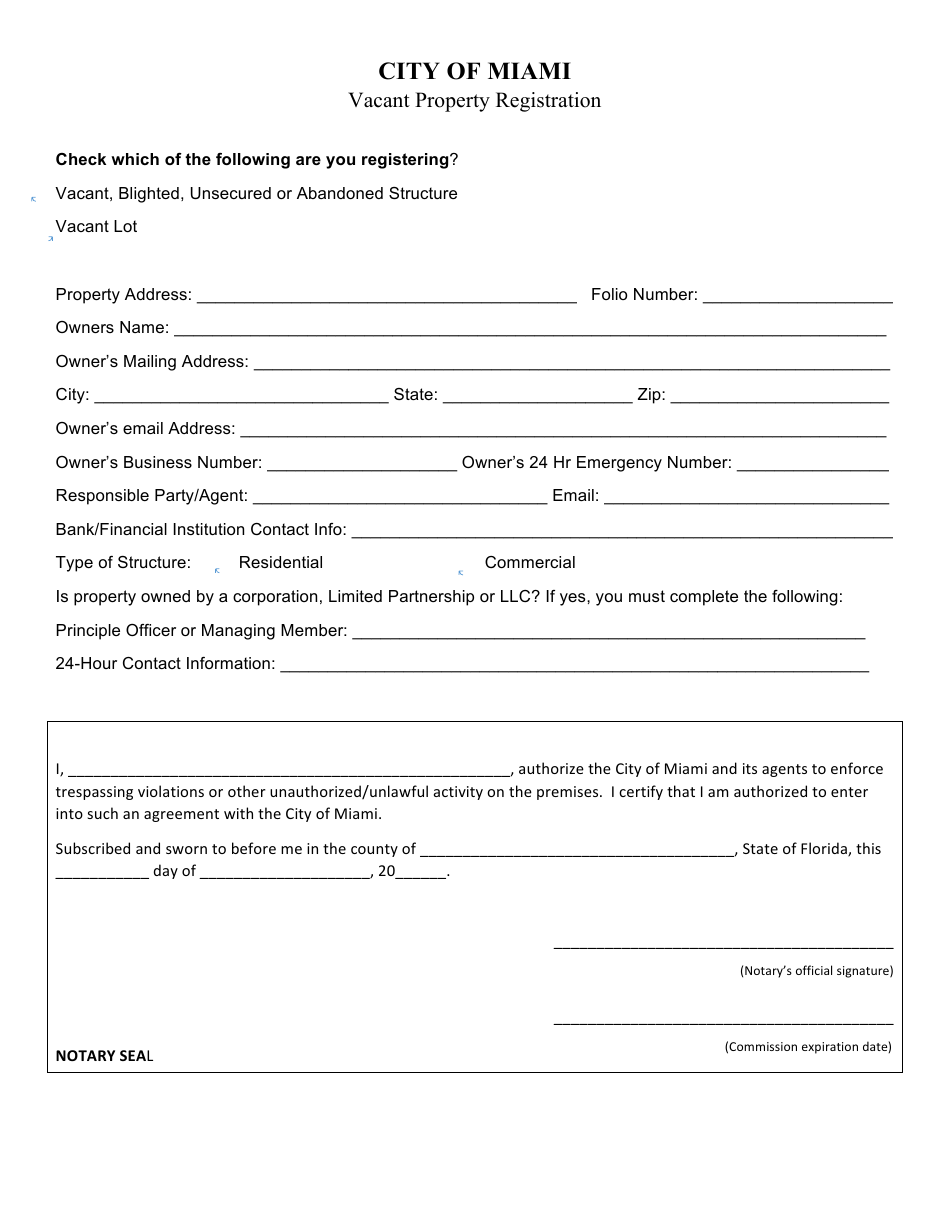 City of Miami, Florida Vacant Property Registration - Fill Out, Sign ...