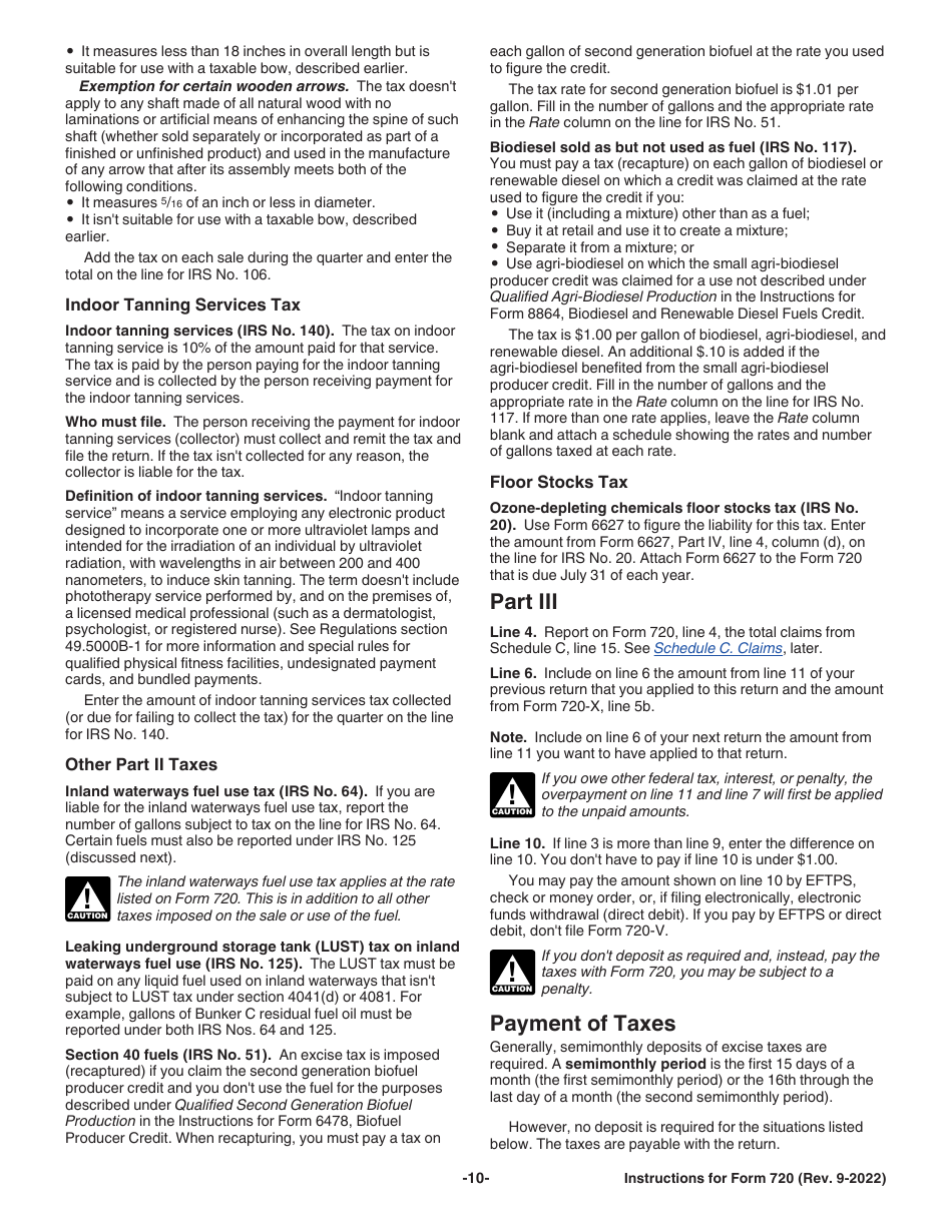 Instructions for IRS Form 720 Quarterly Federal Excise Tax Return, Page 10