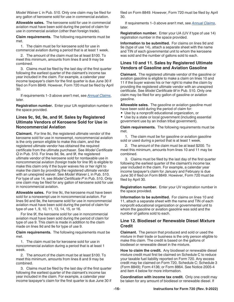 Instructions for IRS Form 720 Quarterly Federal Excise Tax Return, Page 16