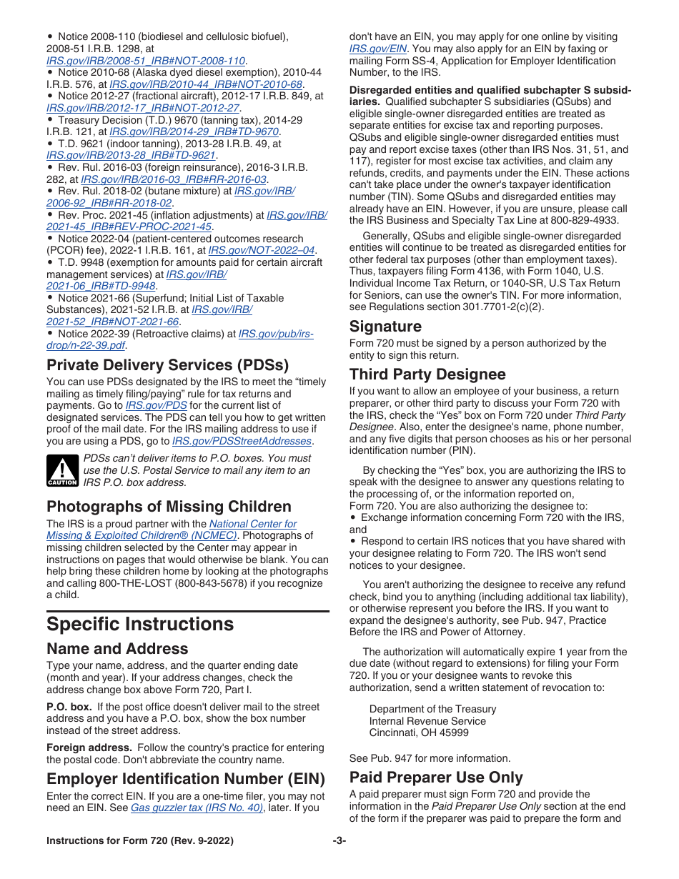 Instructions for IRS Form 720 Quarterly Federal Excise Tax Return, Page 3