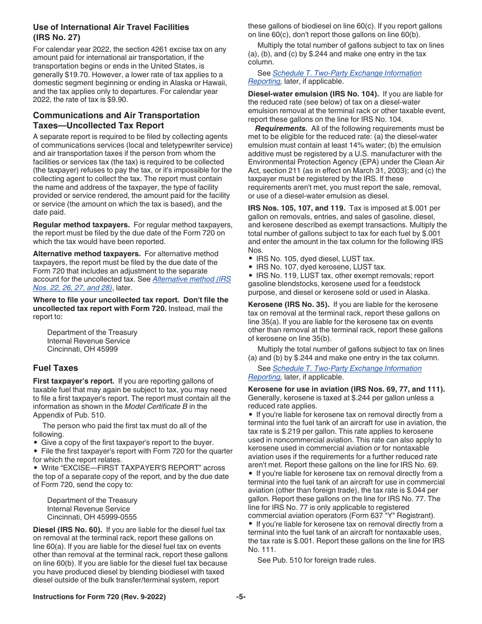 Instructions for IRS Form 720 Quarterly Federal Excise Tax Return, Page 5