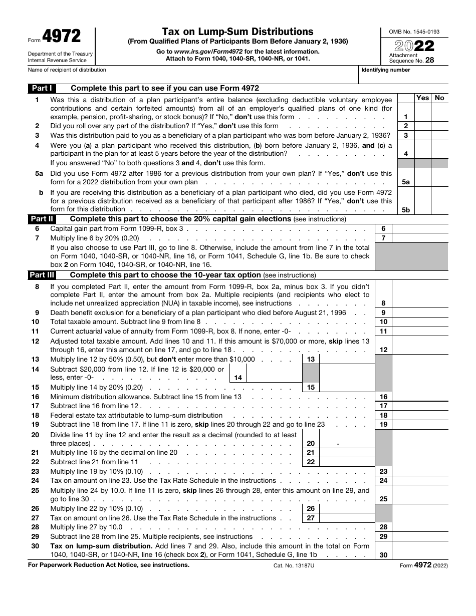 IRS Form 4972 Tax on Lump-Sum Distributions (From Qualified Plans of Participants Born Before January 2, 1936), Page 1