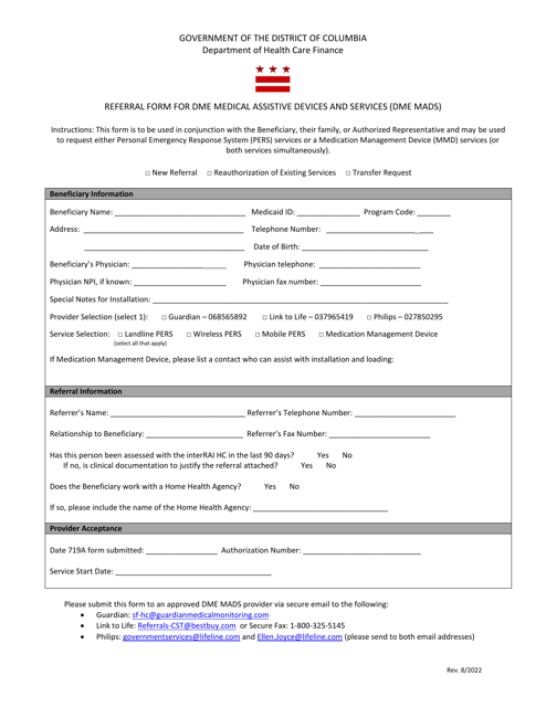 Referral Form for Dme Medical Assistive Devices and Services (Dme Mads) - Washington, D.C. Download Pdf