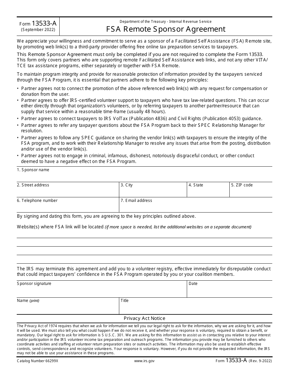 IRS Form 13533-A FSA Remote Sponsor Agreement, Page 1
