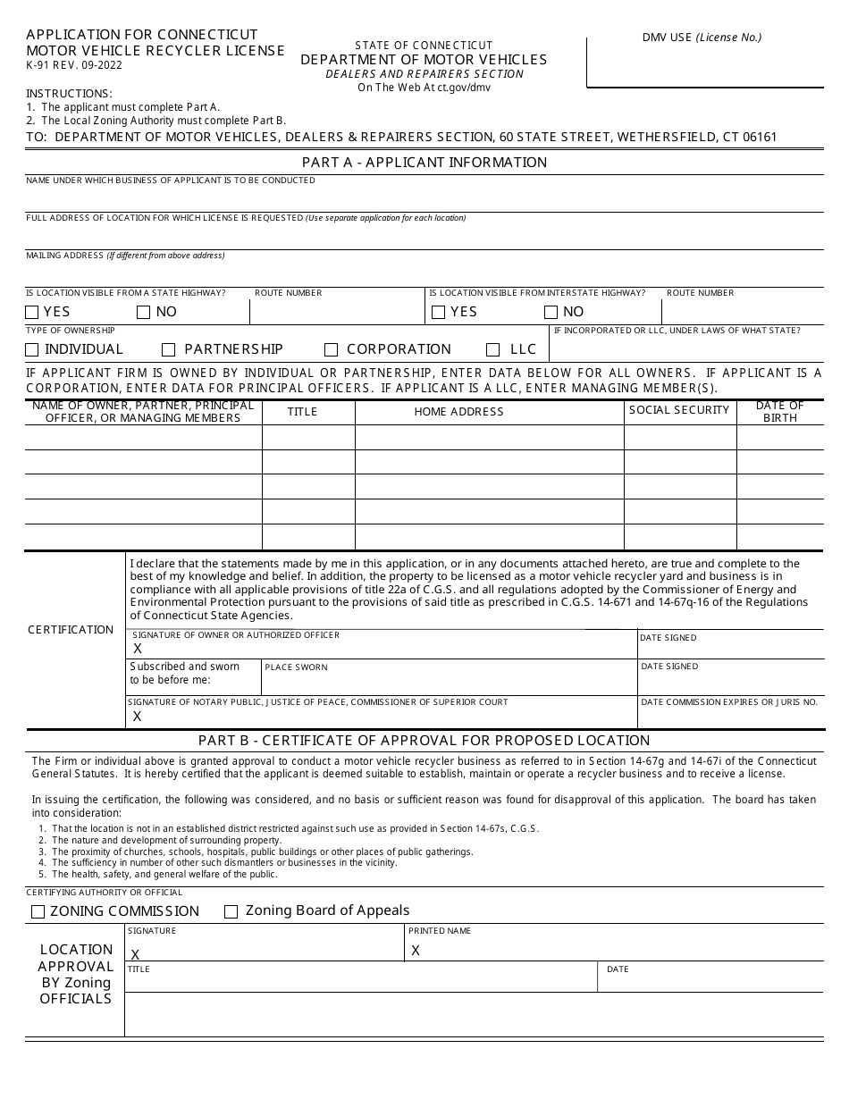 Form K-91 Application for Connecticut Motor Vehicle Recycler License - Connecticut, Page 1
