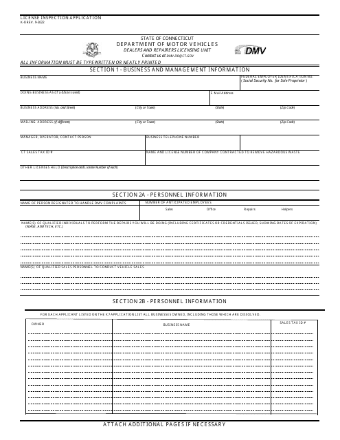 Form K-8 License Inspection Application - Connecticut