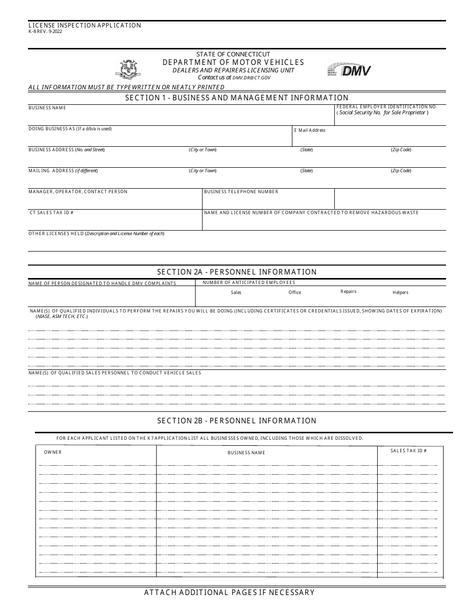 Form K-8 License Inspection Application - Connecticut, Page 1