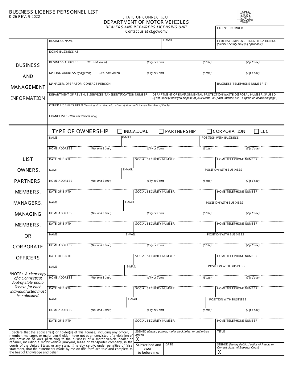 Form K-26 Business License Personnel List - Connecticut, Page 1