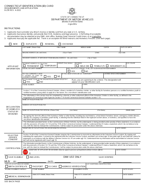 Form B-230 Connecticut Identification (Id) Card Requirements and Application - Connecticut