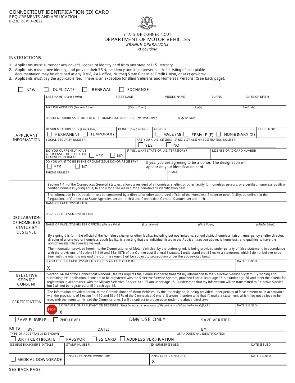 Form B-230 Connecticut Identification (Id) Card Requirements and Application - Connecticut, Page 1