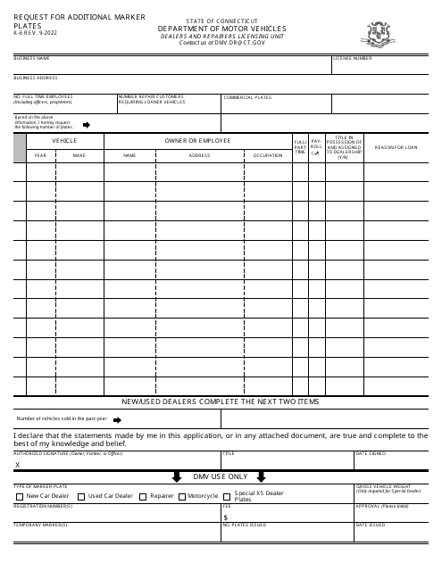 Form K-6 Request for Additional Marker Plates - Connecticut