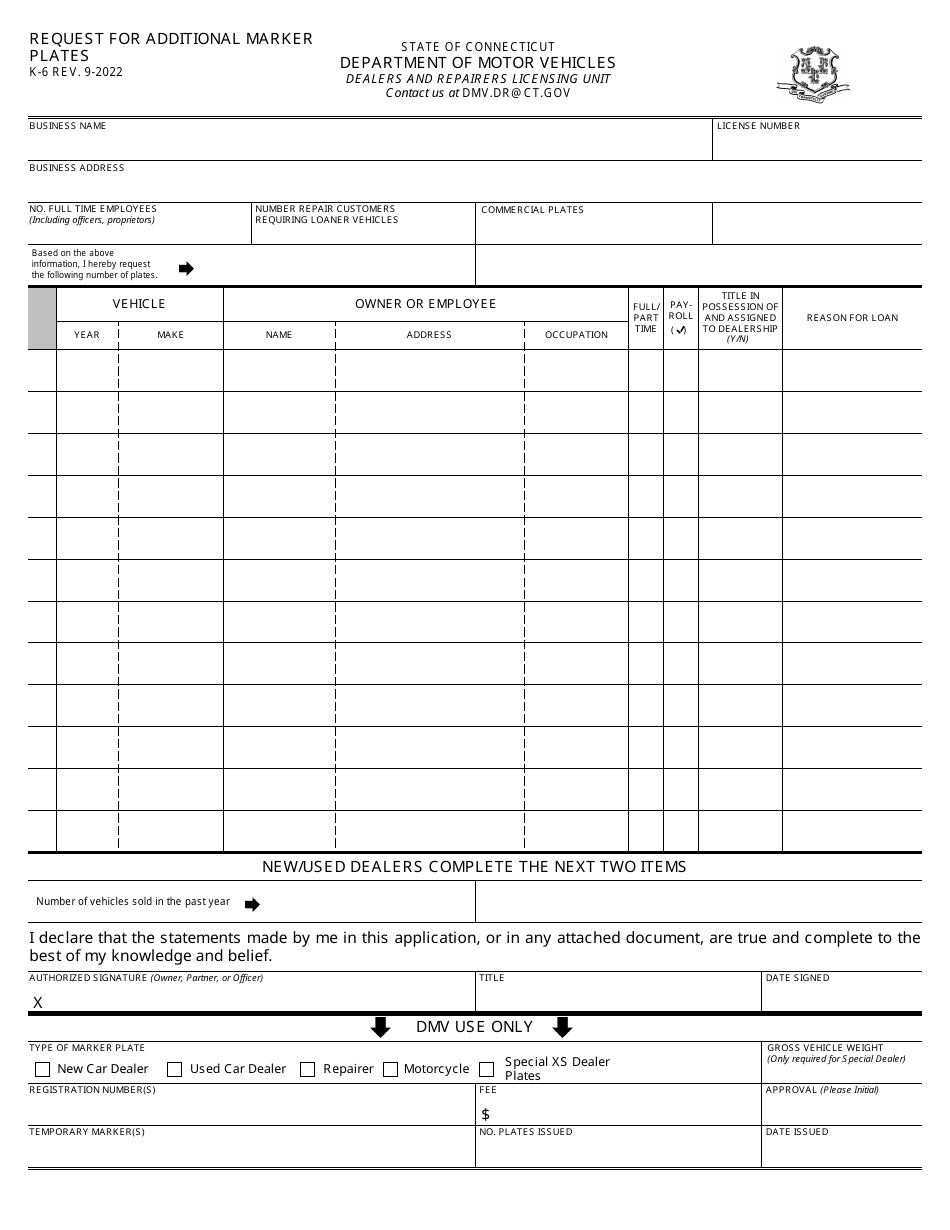 Form K-6 Request for Additional Marker Plates - Connecticut, Page 1