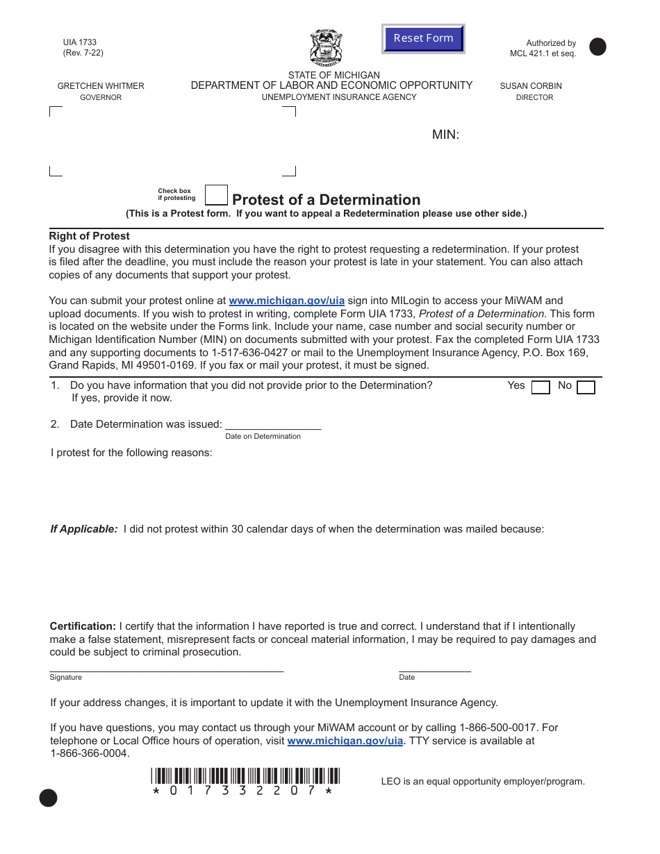 Form UIA1733 Protest of a Determination / Appeal of a Redetermination - Michigan, Page 1