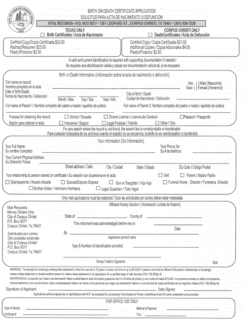 Birth or Death Certificate Application - City of Corpus Christi, Texas (English/Spanish)