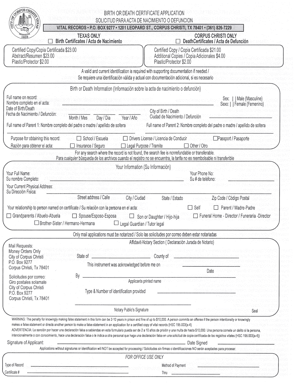 Birth or Death Certificate Application - City of Corpus Christi, Texas (English / Spanish), Page 1