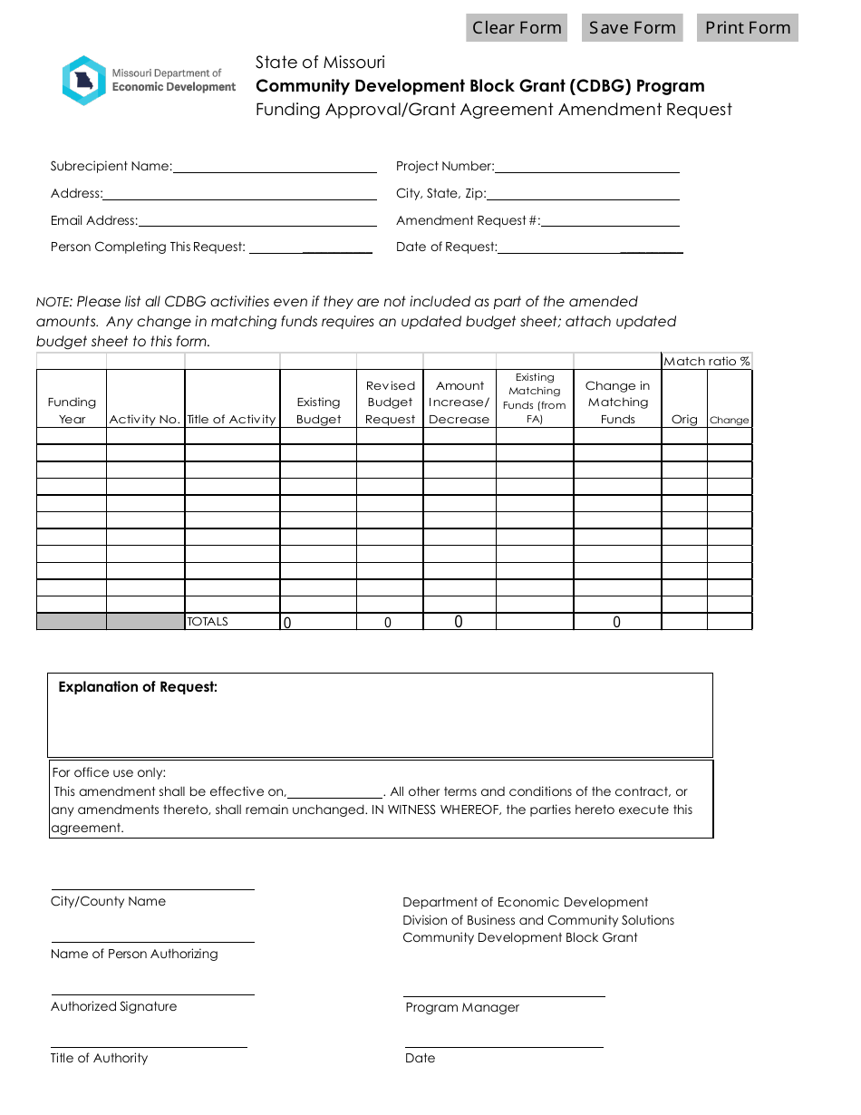Grant Agreement Amendment Request - Community Development Block Grant (Cdbg) Program Funding Approval - Missouri, Page 1