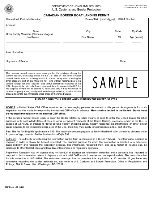 CBP Form I-68 Canadian Border Boat Landing Permit - Sample