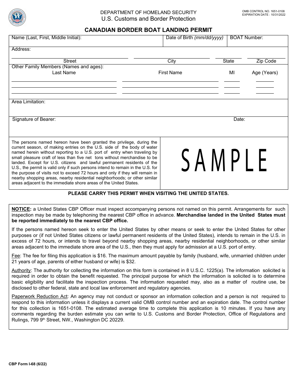 CBP Form I-68 Canadian Border Boat Landing Permit - Sample, Page 1