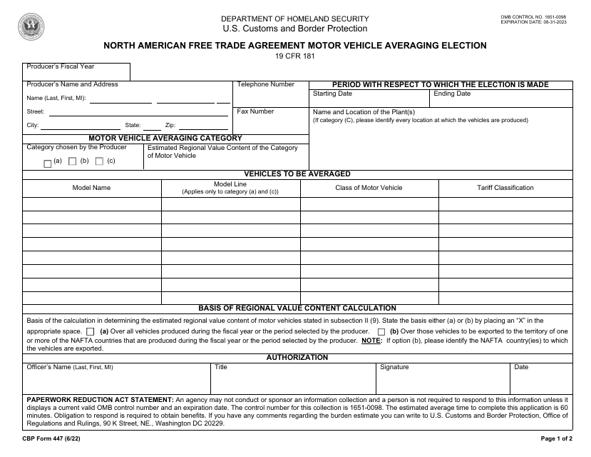CBP Form 447 North American Free Trade Agreement Motor Vehicle Averaging Election