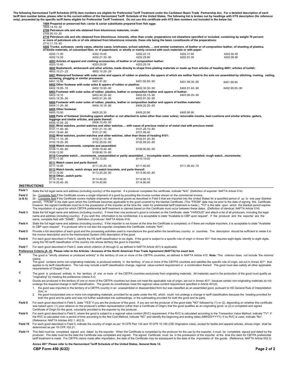 CBP Form 450 United States-Caribbean Basin Trade Partnership Act (Cbtpa) Certificate of Origin, Page 2