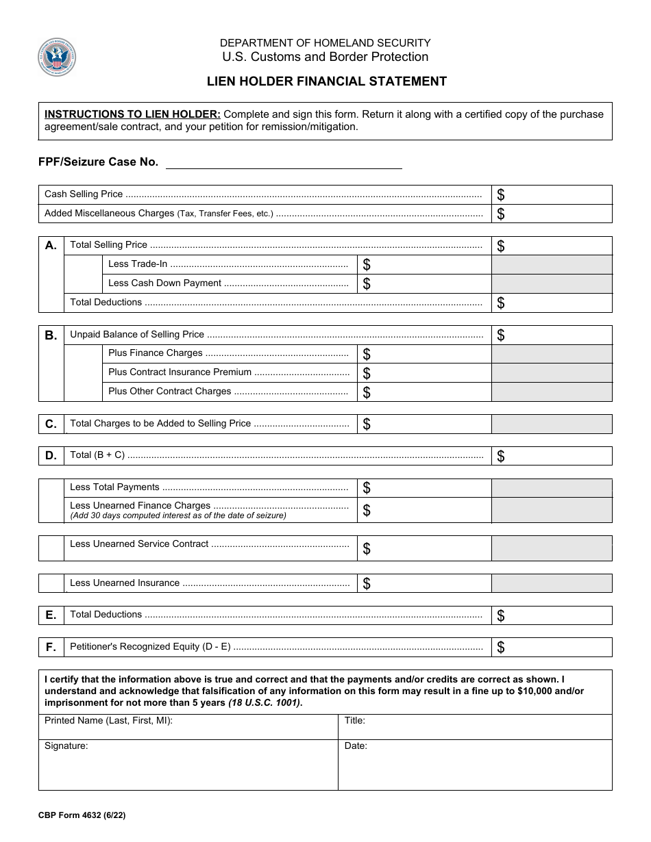 CBP Form 4632 Lien Holder Financial Statement, Page 1