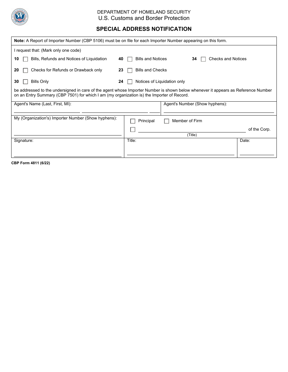 CBP Form 4811 Special Address Notification, Page 1