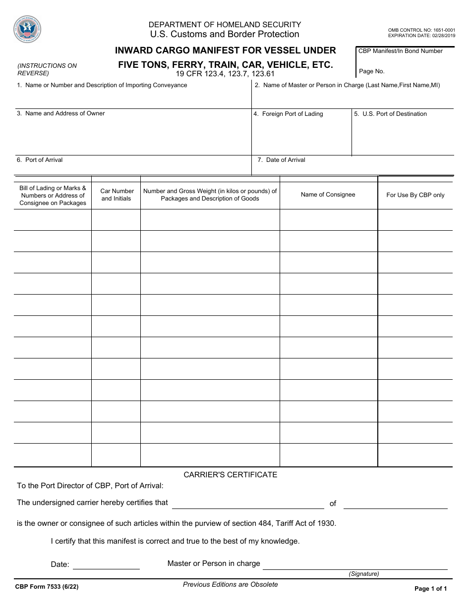 CBP Form 7533 Download Fillable PDF Or Fill Online Inward Cargo ...