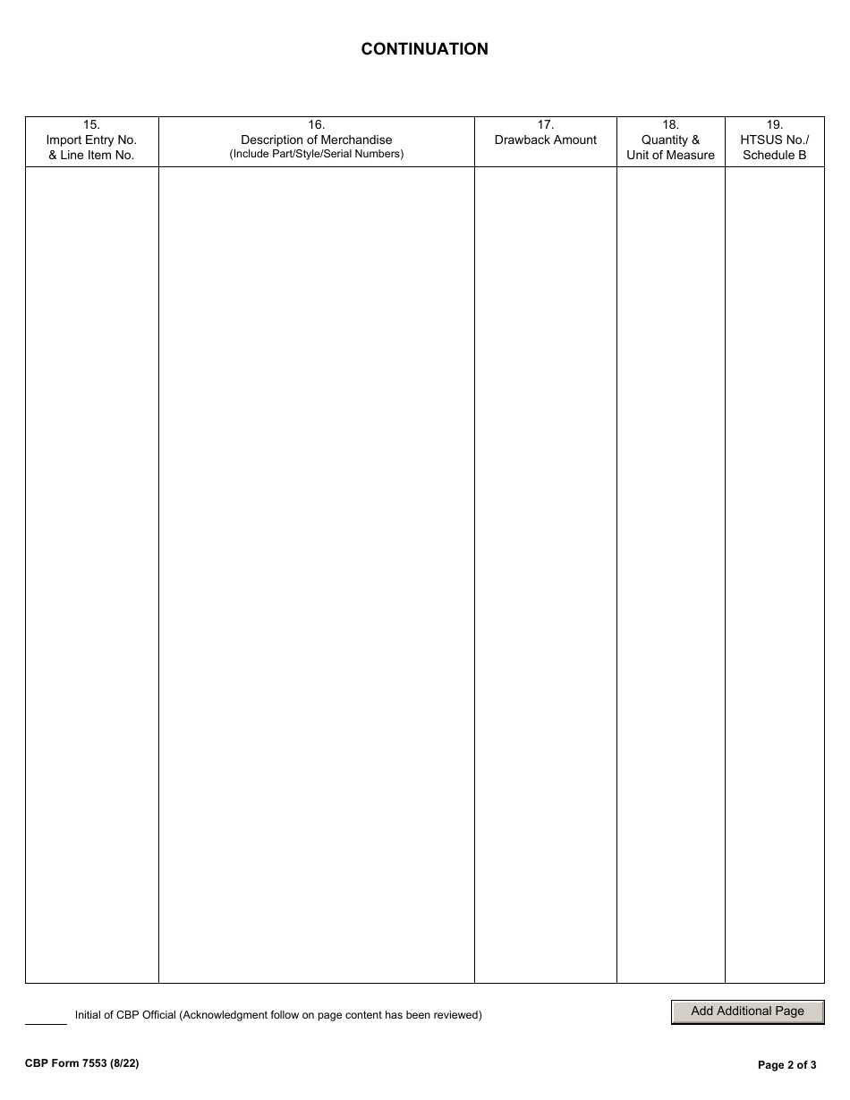 CBP Form 7553 Notice of Intent to Export, Destroy or Return Merchandise for Purposes of Drawback, Page 2
